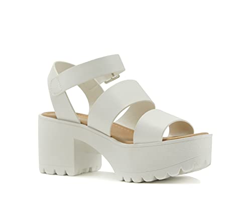 Soda ACCOUNT ~ Women Open Toe Two Bands Lug sole Fashion Block Heel Sandals with Adjustable Ankle Strap (White, numeric_9)