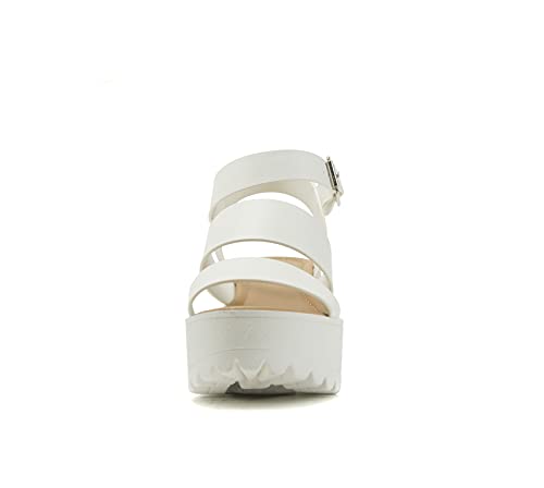 Soda ACCOUNT ~ Women Open Toe Two Bands Lug sole Fashion Block Heel Sandals with Adjustable Ankle Strap (White, numeric_9)