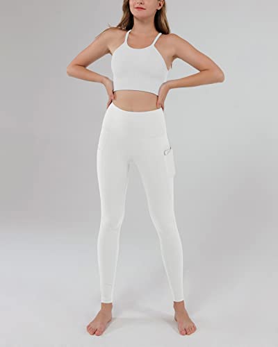 ODODOS Women's High Waisted Yoga Leggings with Pockets,Tummy Control Non See Through Workout Athletic Running Yoga Pants, Full-Length, White,Medium