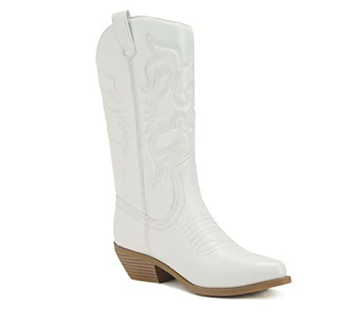 Soda Women Cowgirl Cowboy Western Stitched Boots Pointy Toe Knee High Reno-S (7.5, White/Beige PU, numeric_7_point_5)