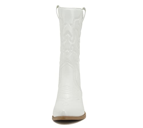 Soda Women Cowgirl Cowboy Western Stitched Boots Pointy Toe Knee High Reno-S (7.5, White/Beige PU, numeric_7_point_5)