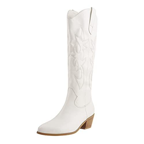 LISHAN Women's Cowboy Boots Cowgirl Pointed Toe Under the Knee High Block High Heels Western Boots Pull On Embroidered Fashionable Shoes White Size 8