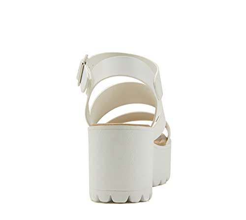 Soda ACCOUNT ~ Women Open Toe Two Bands Lug sole Fashion Block Heel Sandals with Adjustable Ankle Strap (White, numeric_9)