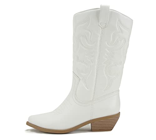 Soda Women Cowgirl Cowboy Western Stitched Boots Pointy Toe Knee High Reno-S (7.5, White/Beige PU, numeric_7_point_5)