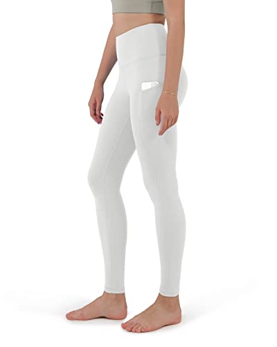 ODODOS Women's High Waisted Yoga Leggings with Pockets,Tummy Control Non See Through Workout Athletic Running Yoga Pants, Full-Length, White,Medium