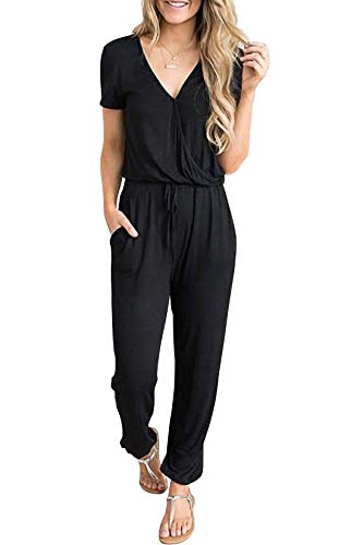 PRETTYGARDEN Women's Summer Casual Deep V Neck Short Sleeve Wrap Drawstring Waist Jumpsuit Romper