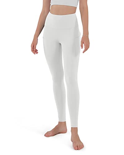 ODODOS Women's High Waisted Yoga Leggings with Pockets,Tummy Control Non See Through Workout Athletic Running Yoga Pants, Full-Length, White,Medium