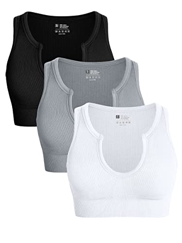 OQQ Women's 3 Piece Medium Support Crop Top Seamless Ribbed Removable Cups Workout Yoga Sport Bra Black Grey White