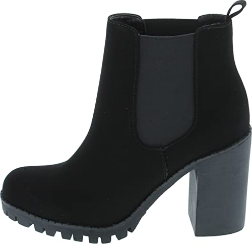 Soda Glove - Ankle Boot w/Lug Sole Elastic Gore and Chunky Heel (9.5, Black Nubuck, numeric_9_point_5)