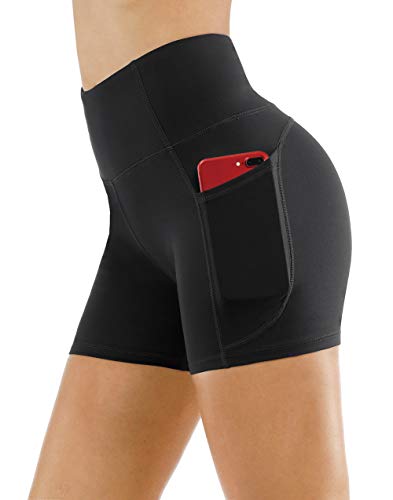 THE GYM PEOPLE High Waist Yoga Shorts for Women Tummy Control Fitness Athletic Workout Running Shorts with Deep Pockets (Small, Black)