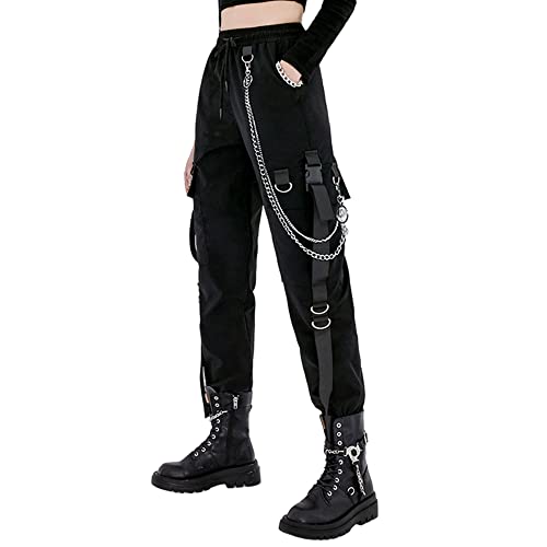 MEINVQIAOTI Black Cargo Pants for Women Techwear Women Loose Street Rock Style Casual Black Pants with Chain Goth Pants M