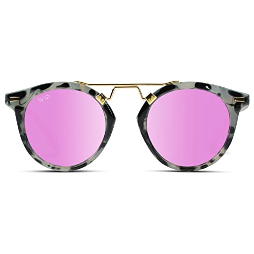 WearMe Pro - Polarized Round Vintage Retro Mirrored Lens Women Metal Frame Sunglasses (Tortoise/Pink Lens)