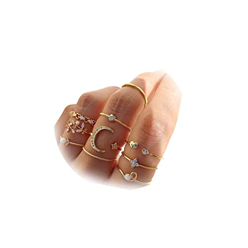 HUASAI Gold Stacking Rings for Women Butterfly Knuckle Rings Snake Rings Moon Star Rings Heart Stacking Rings for Girls(Moon Star Ring Set)