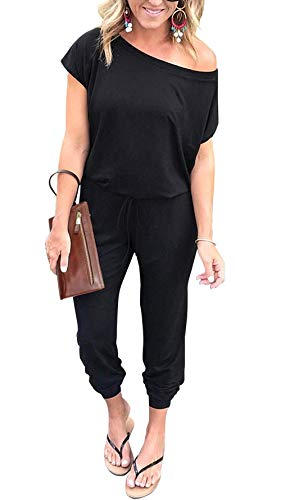 PRETTYGARDEN Women's Loose Solid Off Shoulder Elastic Waist Stretchy Long Romper Jumpsuit（Black,Medium）