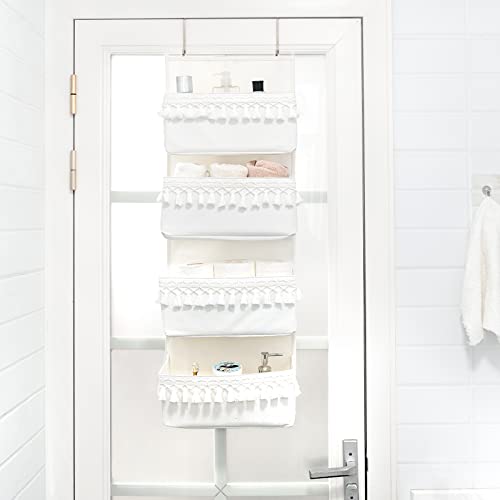 Dahey Over The Door Organizer with 4 Pockets Boho Door Closet Hanging Organizers and Storage with Tassels Decor for Pantry, Closet, Nursery, Bathroom, Bedroom, Dorm, White