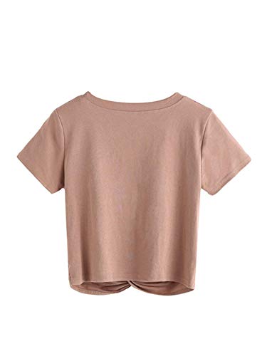 MakeMeChic Women's Summer Crop Top Solid Short Sleeve Twist Front Tee T-Shirt Khaki L