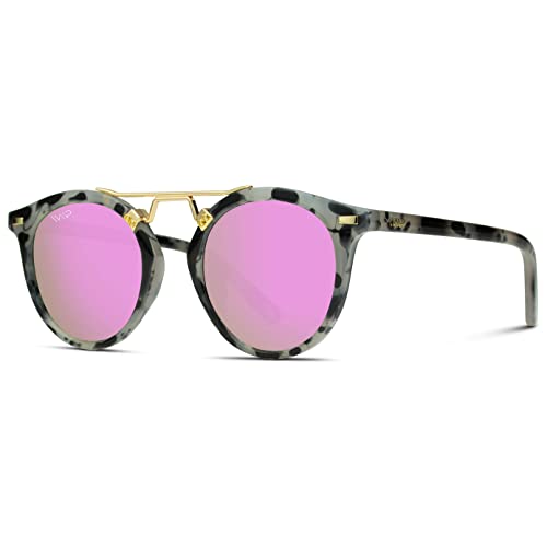 WearMe Pro - Polarized Round Vintage Retro Mirrored Lens Women Metal Frame Sunglasses (Tortoise/Pink Lens)