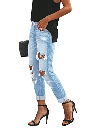 KUNMI Women's Ripped Mid Waisted Boyfriend Jeans Loose Fit Distressed Stretchy Denim Pants