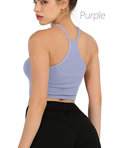 ODODOS Women's Crop Camisole 3-Pack Washed Seamless Rib-Knit Crop Tank Tops, White Purple Yellow, X-Small/Small