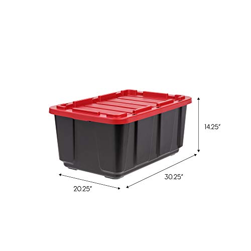 IRIS USA 27 Gallon Large Heavy-Duty Storage Plastic Bin Tote Organizing Container with Durable Lid, Black/Red, 4 Pack