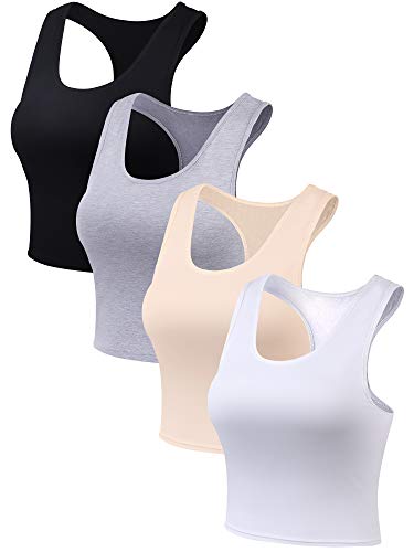 Boao 4 Pieces Basic Crop Tank Tops Sleeveless Racerback Crop Top for Women(Black, White, Light Grey, Beige,Medium)