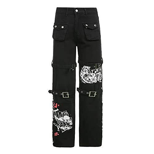 NUFIWI Women Gothic Cargo Pants Loose Low Waist Trousers Wide Leg Baggy Jeans Harajuku Streetwear Punk(Buckle Black,S)