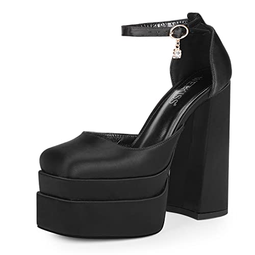 wetkiss Platform Chunky Heels for Women Platform Chunky Pumps Ankle Strap Pumps Black Platform Heels Black Satin Heels for Women Ankle Strap Platform Heels