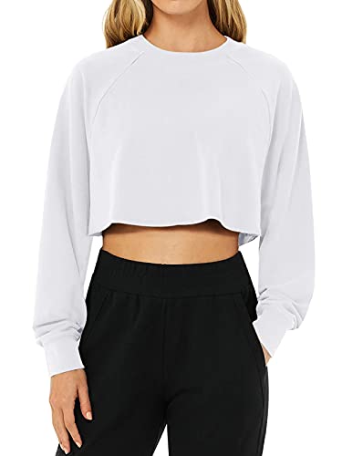 LASLULU Long Sleeve Crop Top Sexy Tops Cropped Sweatshirt Casual Tops Sweat Shirts Workout Running Yoga Shirts for Women with Thumb Hole(White Small)