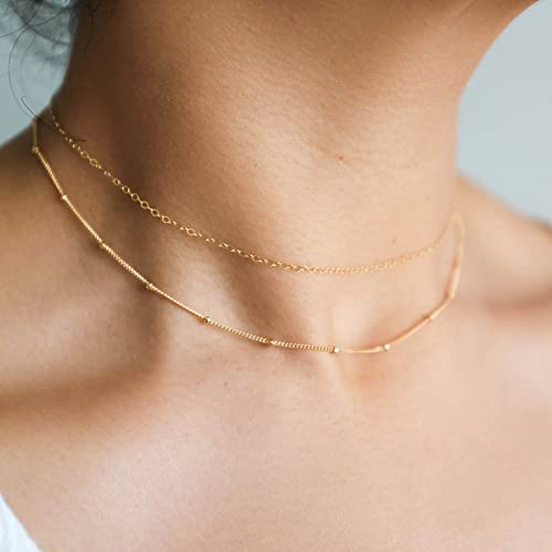 CHESKY Gold Choker Dainty Layered Necklaces for Women, 14k Gold Plated Beaded Choker Layering Satellite Paperclip Chain Necklace, Minimalist Simple Layered Bead Double Necklaces Jewelry Gift