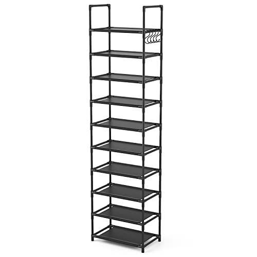 LANTEFUL 10 Tiers Tall Shoe Rack 20-25 Pairs Shoe and Boots Organizer Storage Sturdy Shoe Shelf, Narrow Shoe Rack for Entryway, Black Shoe Organizer for Closets with Hooks