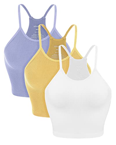 ODODOS Women's Crop Camisole 3-Pack Washed Seamless Rib-Knit Crop Tank Tops, White Purple Yellow, X-Small/Small