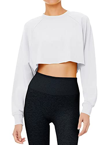 LASLULU Long Sleeve Crop Top Sexy Tops Cropped Sweatshirt Casual Tops Sweat Shirts Workout Running Yoga Shirts for Women with Thumb Hole(White Small)