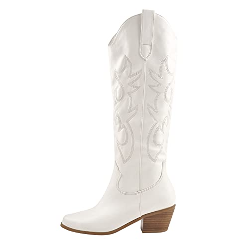 LISHAN Women's Cowboy Boots Cowgirl Pointed Toe Under the Knee High Block High Heels Western Boots Pull On Embroidered Fashionable Shoes White Size 8