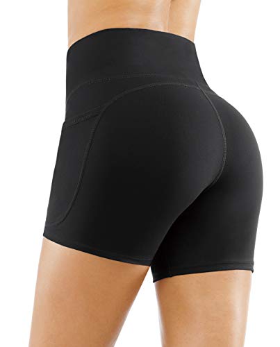 THE GYM PEOPLE High Waist Yoga Shorts for Women Tummy Control Fitness Athletic Workout Running Shorts with Deep Pockets (Small, Black)