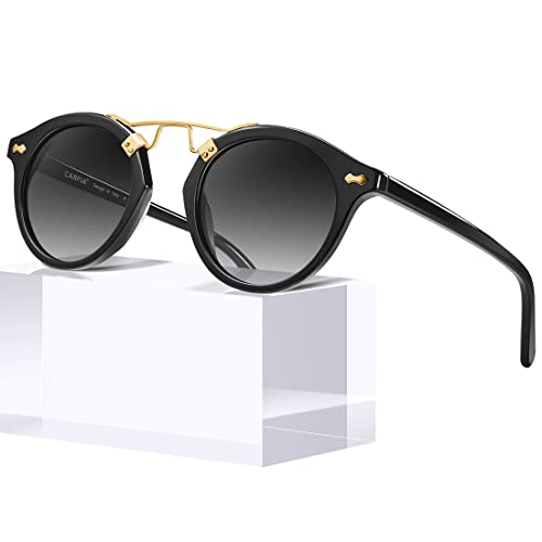 Carfia Small Black Acetate Polarized Sunglasses for Women UV Protection, Retro Double Bridge Eyewear Metal Brow Sunnies