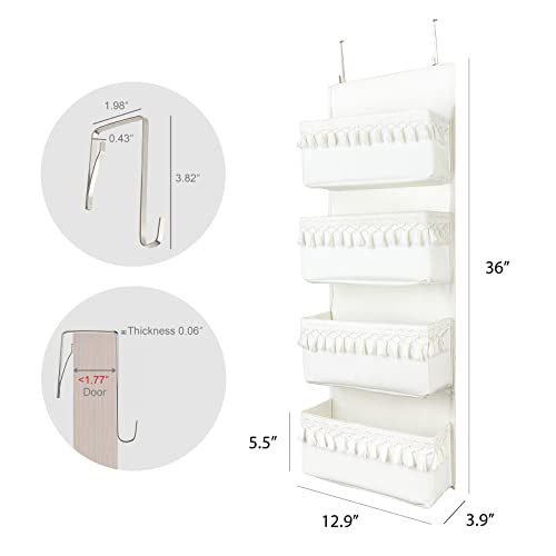 Dahey Over The Door Organizer with 4 Pockets Boho Door Closet Hanging Organizers and Storage with Tassels Decor for Pantry, Closet, Nursery, Bathroom, Bedroom, Dorm, White