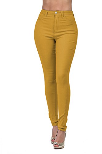 Lover Brand Fashion High Waisted-Rise Ladies Colored Denim Stretch Skinny Destroyed Ripped Distressed Jeans for Women, Mustard, Small