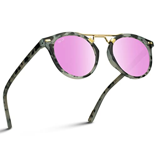 WearMe Pro - Polarized Round Vintage Retro Mirrored Lens Women Metal Frame Sunglasses (Tortoise/Pink Lens)