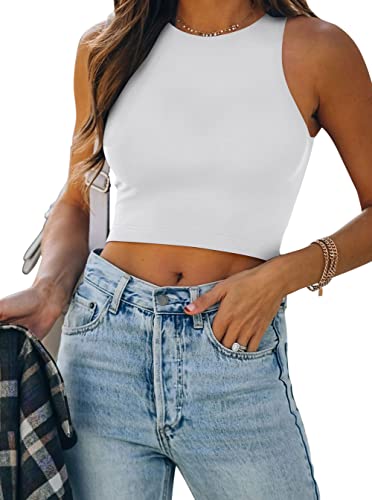 Women’s Sexy Sleeveless High Neck Racerback Cropped Tank Tops Cute Teen Girls Halter Neck Crop Tops Vest White Large