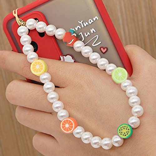 Taouzi 6PCS Beaded Phone Lanyard Wrist Strap Face Beaded Phone Charm Fruit Star Pearl Rainbow Color Beaded Phone Chain Strap for Women Girls