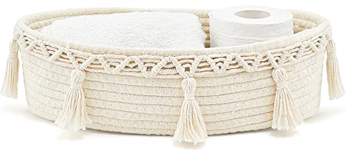Mkono Small Macrame Storage Basket for Toilet Tank Top Boho Bathroom Decor Woven Cotton Rope Back of Toilet Organizer Tray for Counter Shelf Table Bedroom Living Room Nursery, Ivory, 1 Pack