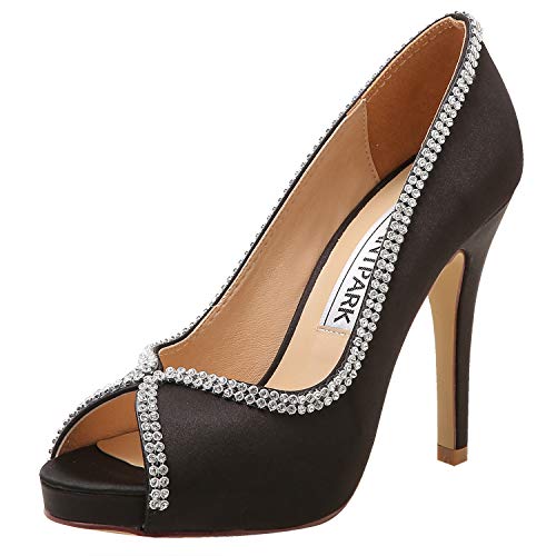 ELEGANTPARK Black Heels Peep Toe Platform Shoes for Women Heels and Pumps Rhinestones Satin High Heel Wedding Prom Evening Dress Shoes US 7