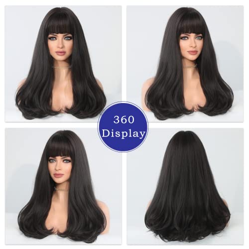 PARK YUN Black Wig with Bangs, 22 inch Long Wavy Wig for Women Heat Resistant Fiber Synthetic Wigs for Daily Party Use