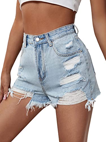 Floerns Women's Ripped Raw Hem High Waisted Distressed Denim Shorts A Light Wash M