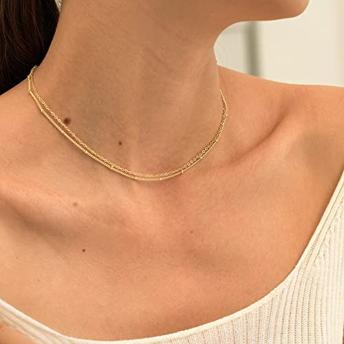 CHESKY Gold Choker Dainty Layered Necklaces for Women, 14k Gold Plated Beaded Choker Layering Satellite Paperclip Chain Necklace, Minimalist Simple Layered Bead Double Necklaces Jewelry Gift