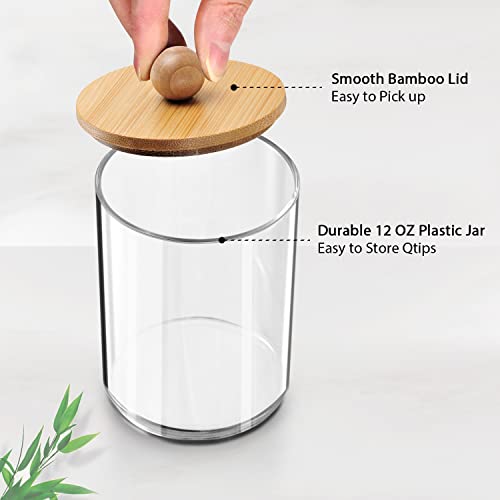 Qtip Dispenser Apothecary Jars with Bamboo Lids - Clear Plastic Vanity Makeup Organizer Storage Canister - Bathroom Accessories for Q-Tips, Cotton Swab, Cotton Ball, Cotton Rounds, floss (3)