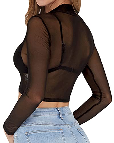 MANGOPOP Women's Short Sleeve Long Sleeve Sheer Mesh Crop Tops Tee Shirt Blouse (0-1058 (Black), Small)