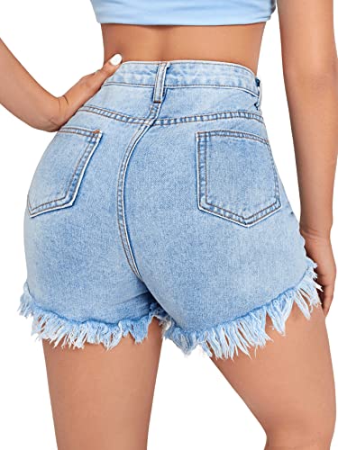 SweatyRocks Women's High Waist Denim Shorts Ripped Raw Hem Jean Shorts Casual Summer Hot Pants with Pockets Light Wash M