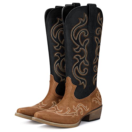 HISEA Rollda Cowboy Boots for Women Western Cowgirl Boots with Chunky Heel Ladies Snip Toe Mid-Calf Boots Size 10