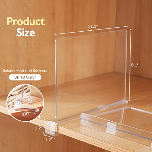 Sclvdi Acrylic Shelf Dividers,4 Pcs Closets Shelf Organizer for Clothing Handbags Books in Pantry, Bedroom and Kitchen, Adjustable Clear Closet Separator Wood Shelves Organize